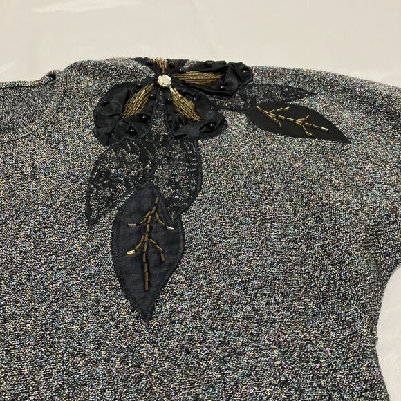 Vintage 80s Beaded Sweater Iridescent Floral Embroidered Party Dolman Sleeve - Picture 3 of 8